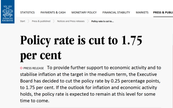 贵丰配资 瑞典央行降息25个基点至1.75% 降息幅度超市场预期